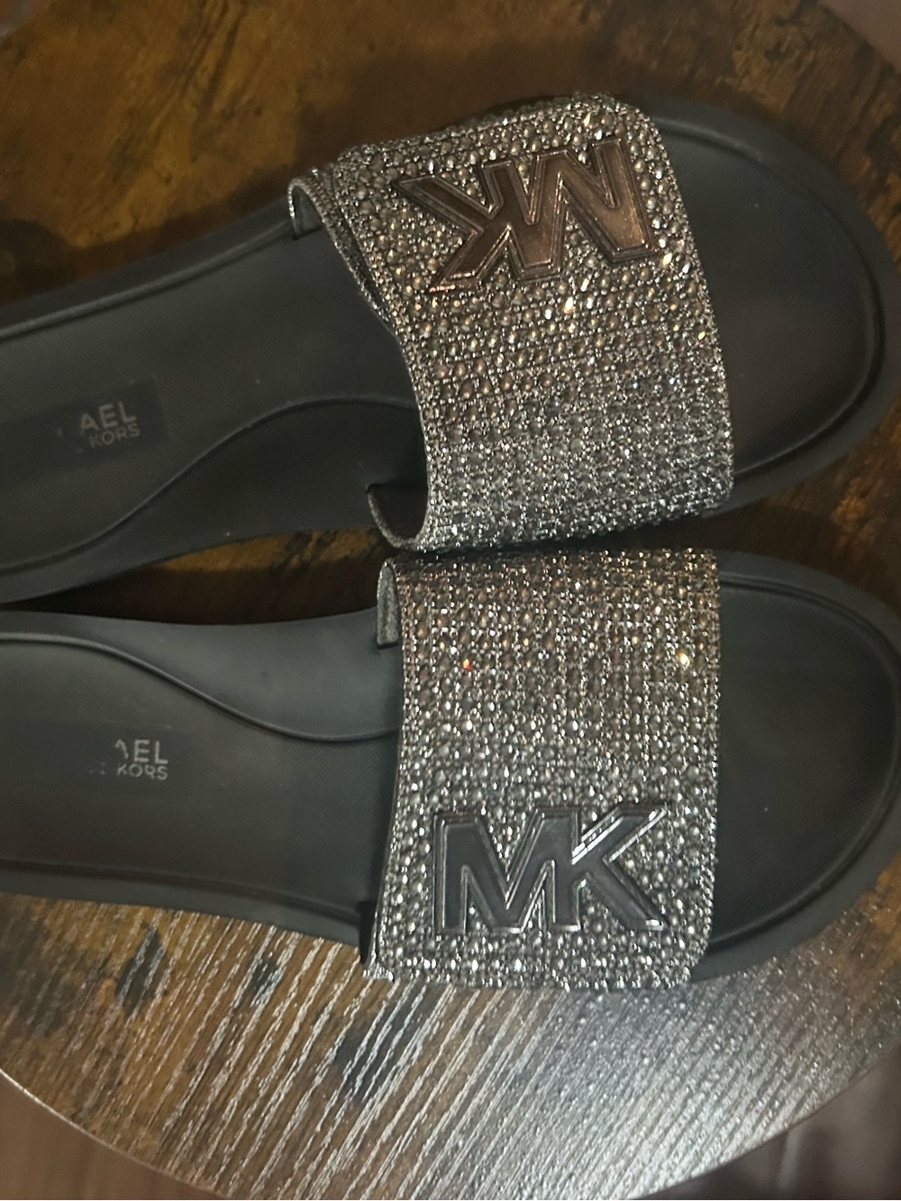 Michael Kors Silver Crystal MK Slide Sandals with Black Footbed